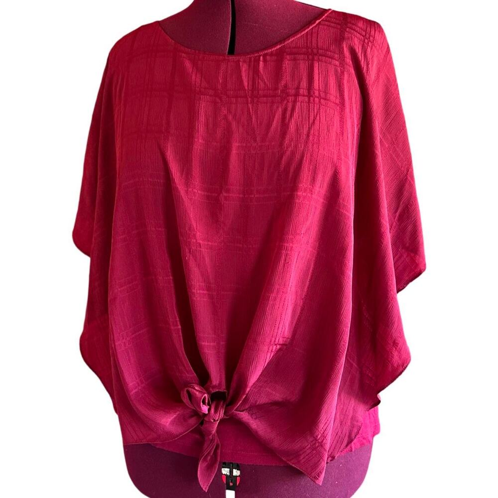 Womens Blouse Size XL Sheer Flowy Tie Front Burgundy Business Casual Office